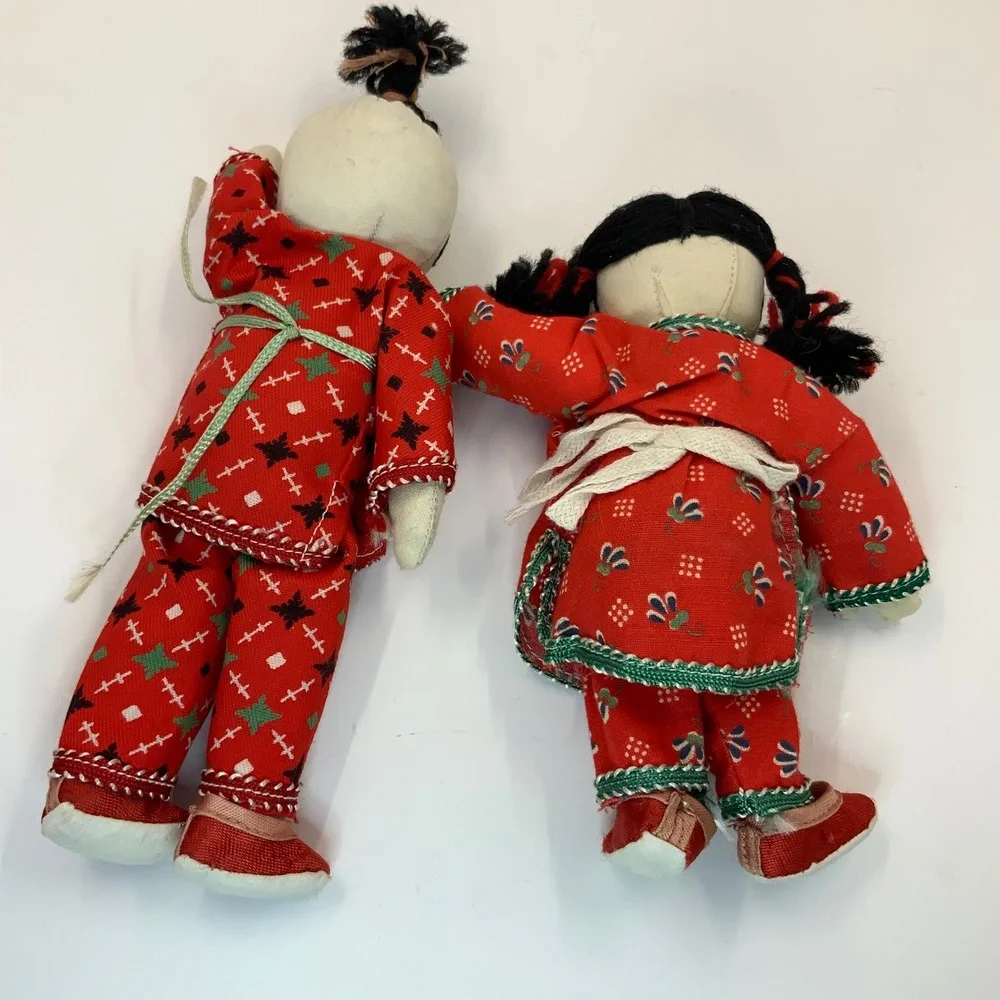 Vintage Chinese Folk Art Cloth Dolls Pair Handmade Red Traditional Dress 7 inch
